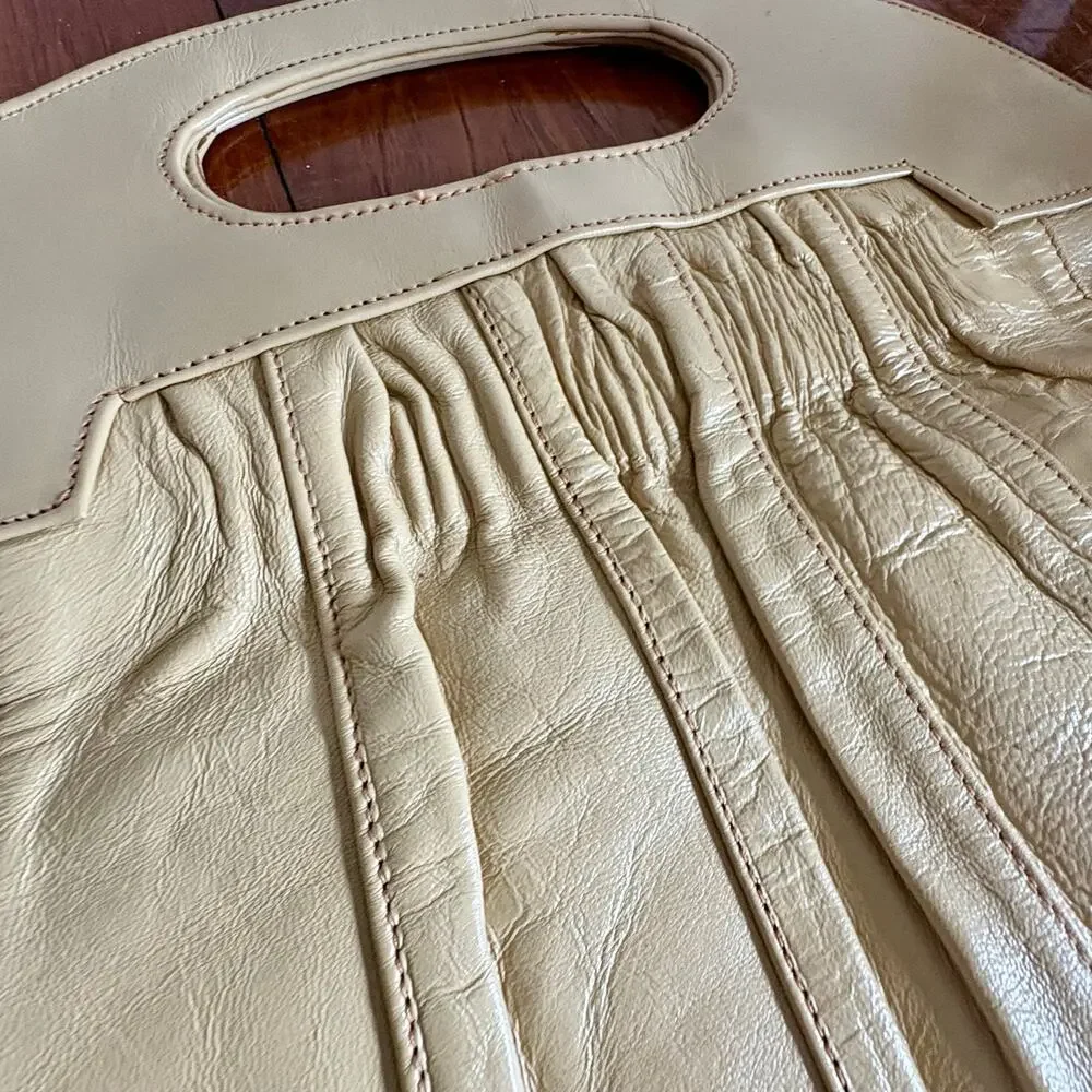 Vintage Cream Leather Pleated Slouch Cutout Handle Purse
